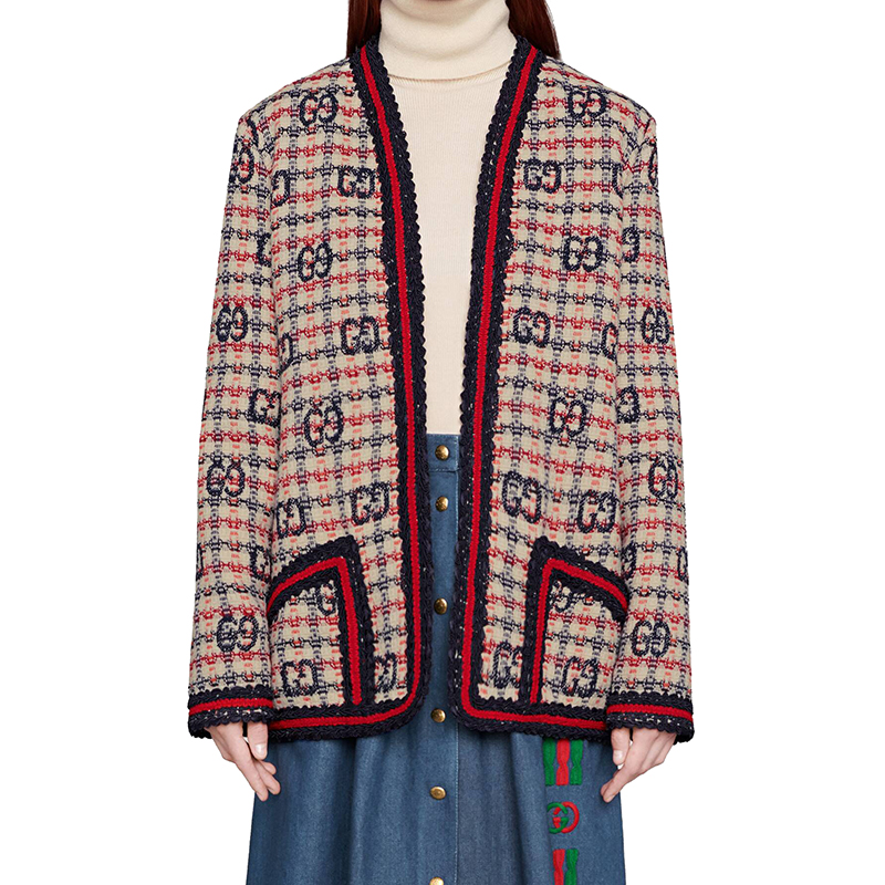 【包税】gucci/古驰 21年新款 女士红白蓝gg格纹花呢夹克610060zadeh