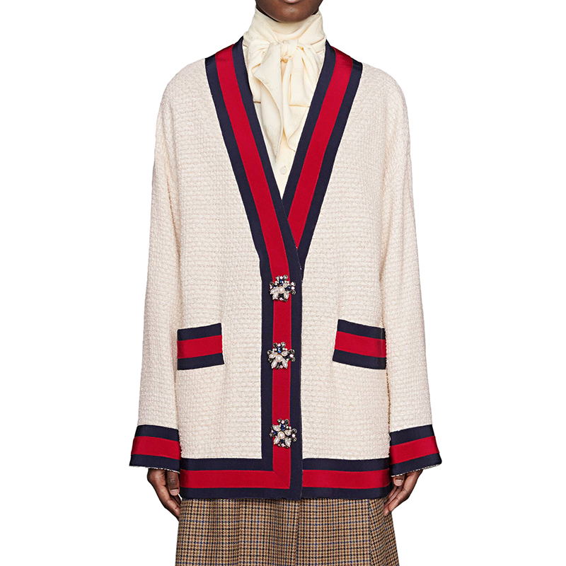 【包税】gucci/古驰 21年新款 女士白色棉质红蓝滚边超大号花呢开衫