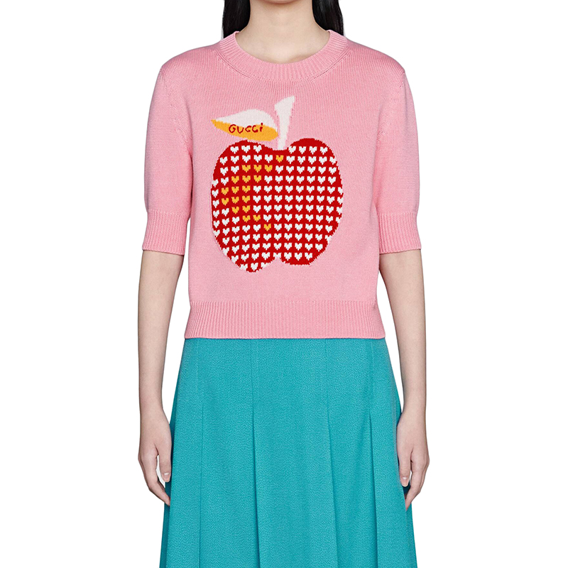 【包税】gucci/古驰21年秋冬新款女士粉色心苹果图案棉毛混纺毛衣