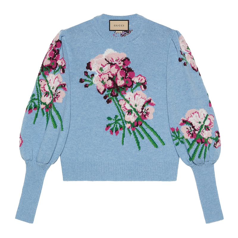 【包税】gucci/古驰21年秋冬新款女士浅蓝色嵌花花朵羊毛毛衣664326x