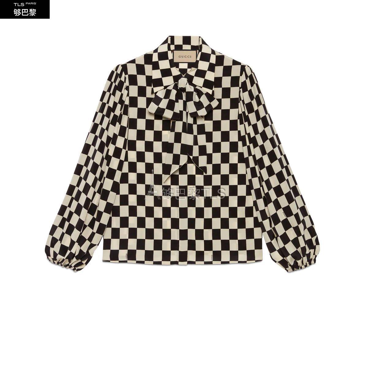 【包邮包税】 gucci古驰 21年春夏 女士 格纹真丝领结衬衫 654648 za