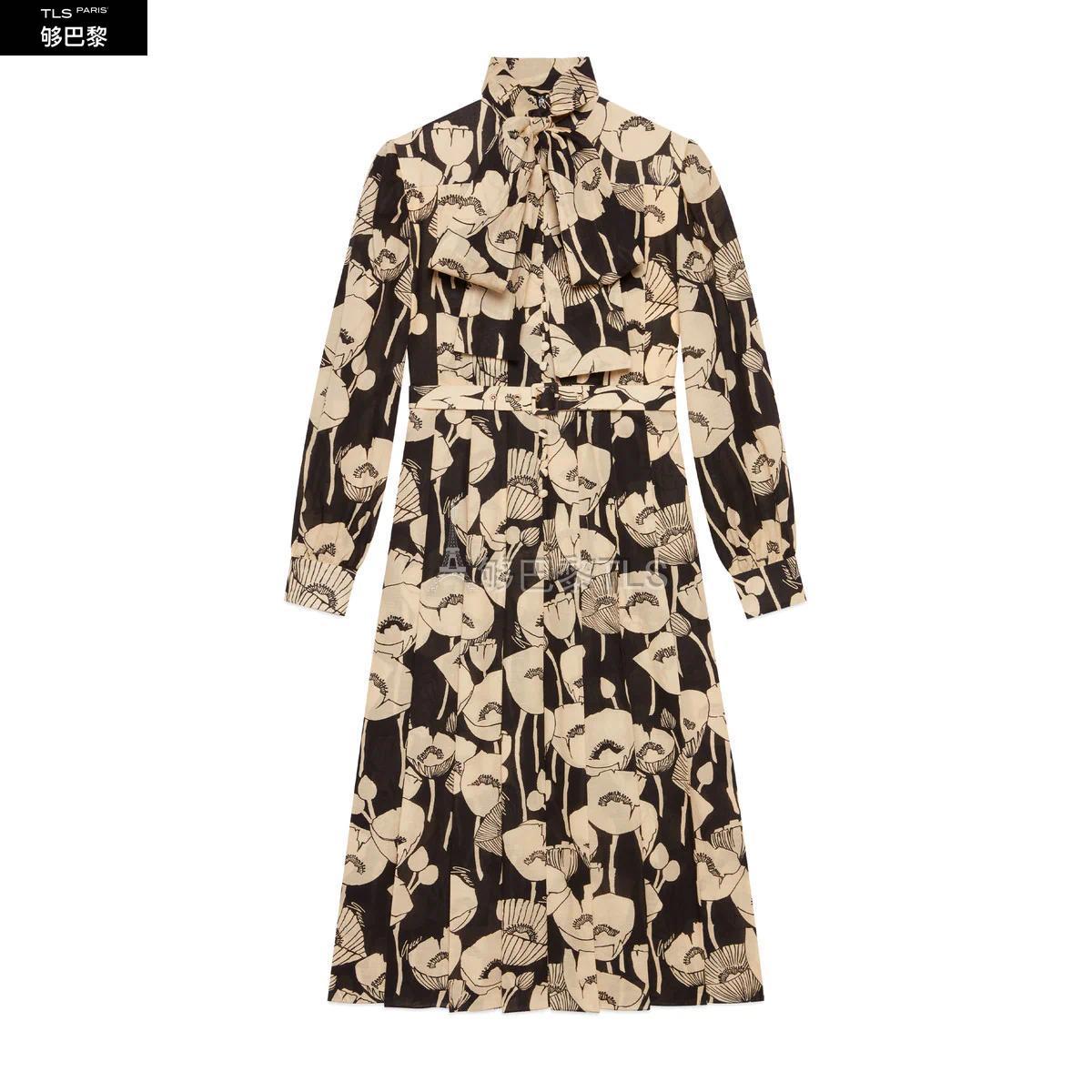 【包邮包税】 gucci古驰 21年春夏 女士 罂粟花*w*印花棉麻连衣裙