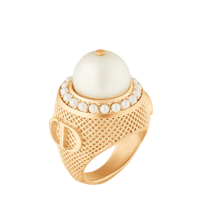 迪奥 21秋冬新款dream系列 金色饰面金属镶嵌白色树脂珍珠戒指指环r