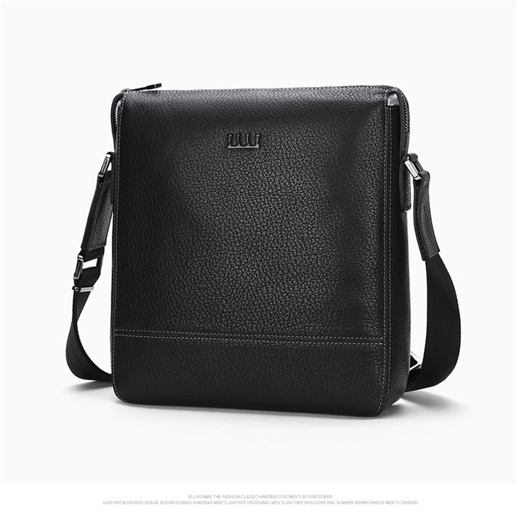 elle/elle 长款拉链肩斜挎男包 商务休闲黑色牛皮革 男士包公文包