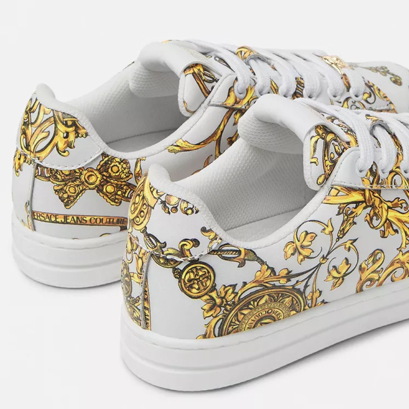 versace jeans/范思哲牛仔 女鞋白色巴洛克花纹皮质休闲运动鞋