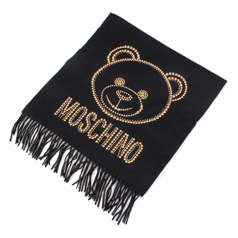 moschino/莫斯奇诺 围巾 男女同款黑色金属铆钉泰迪熊饰羊毛围巾丝巾