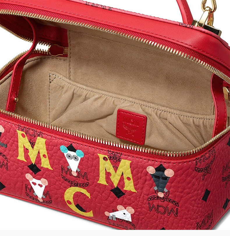 【包税】mcm 女士红色皮革logo老鼠图案单肩包方盒子包女包 mwrasxl03