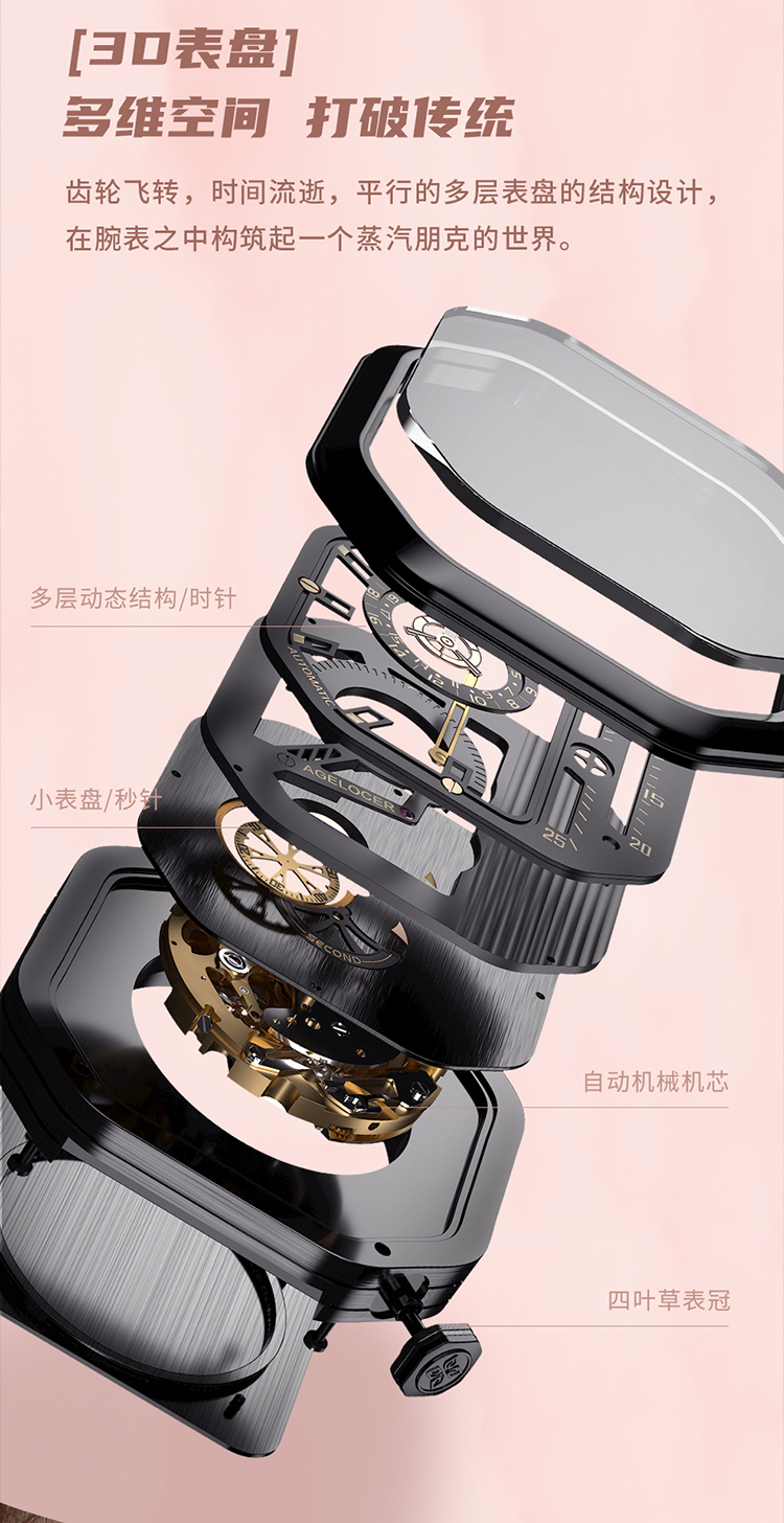 agelocer/艾戈勒手表大爆炸系列女士手表女款镂空机械表国潮腕表 新款