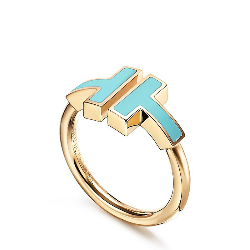 蒂芙尼 经典tiffany t系列 18k金黄金镶嵌绿松石t形戒指指环grp11096