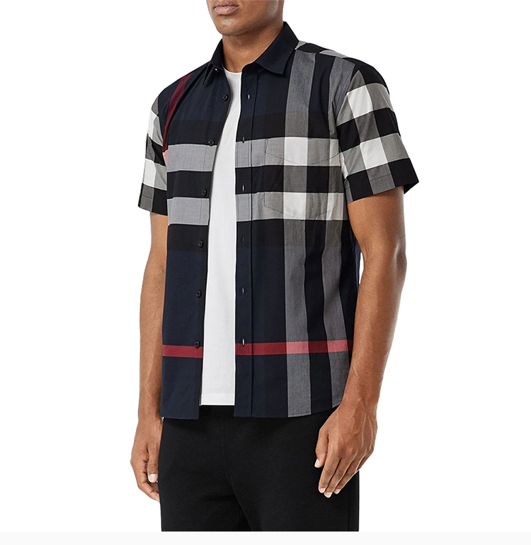 burberry/博柏利时尚格纹深蓝色棉质男士短袖衬衫 8020855