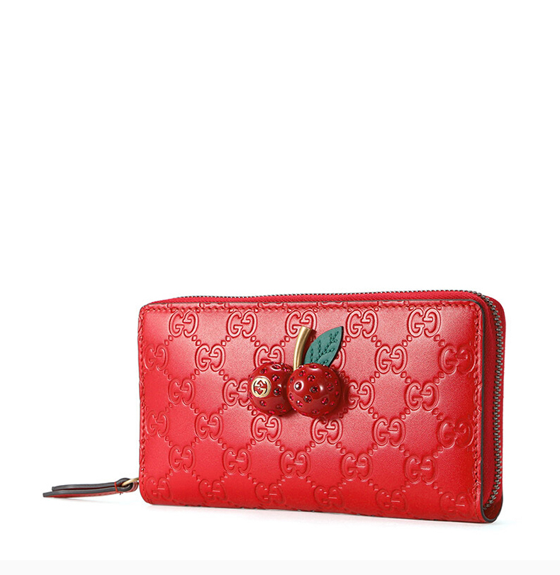 【包税】gucci/古驰 女士红色皮革樱桃装饰长款钱包 476049-0g6et