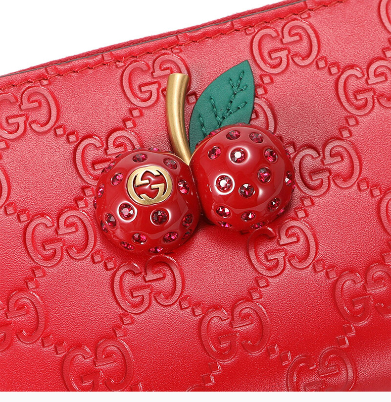 【包税】gucci/古驰 女士红色皮革樱桃装饰长款钱包 476049-0g6et