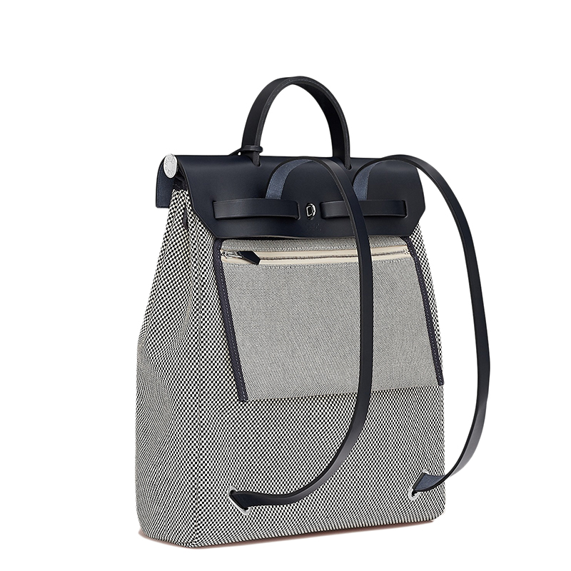 经典herbag系列 男女同款本色黑色帆布配皮翻盖手提背包双肩包h077782