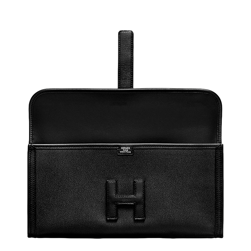 【包税】hermes/爱马仕 经典jige lan系列 黑色小牛皮翻盖手拿包h048