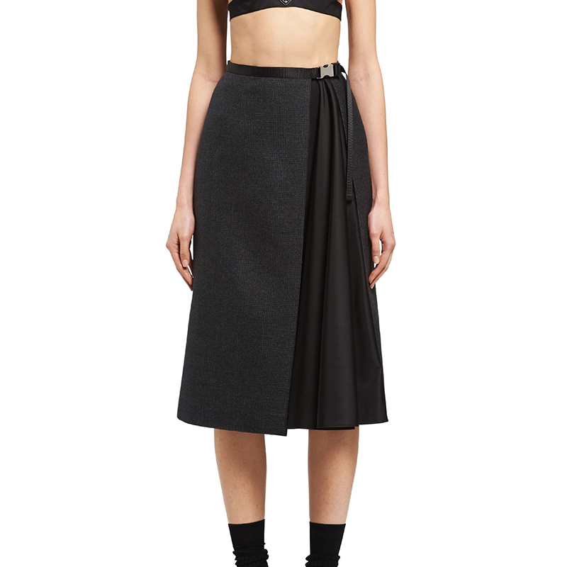 【包税】prada/普拉达 21年秋冬新款 女士黑灰色羊毛再生尼龙a字半身