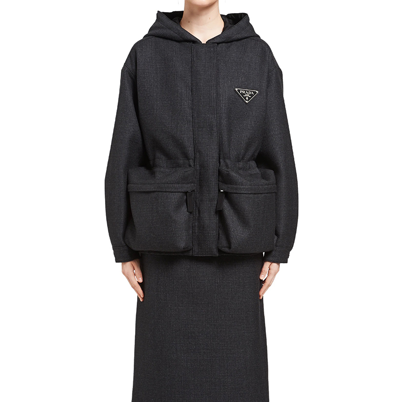 【包税】prada/普拉达 21年秋冬新款 女士黑色威尔士亲王格纹卡班外套