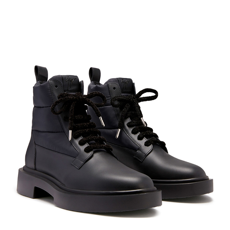 塞佩·萨诺第意大利制造黑色织物拼接皮革男士短靴骑士靴军靴iu10046