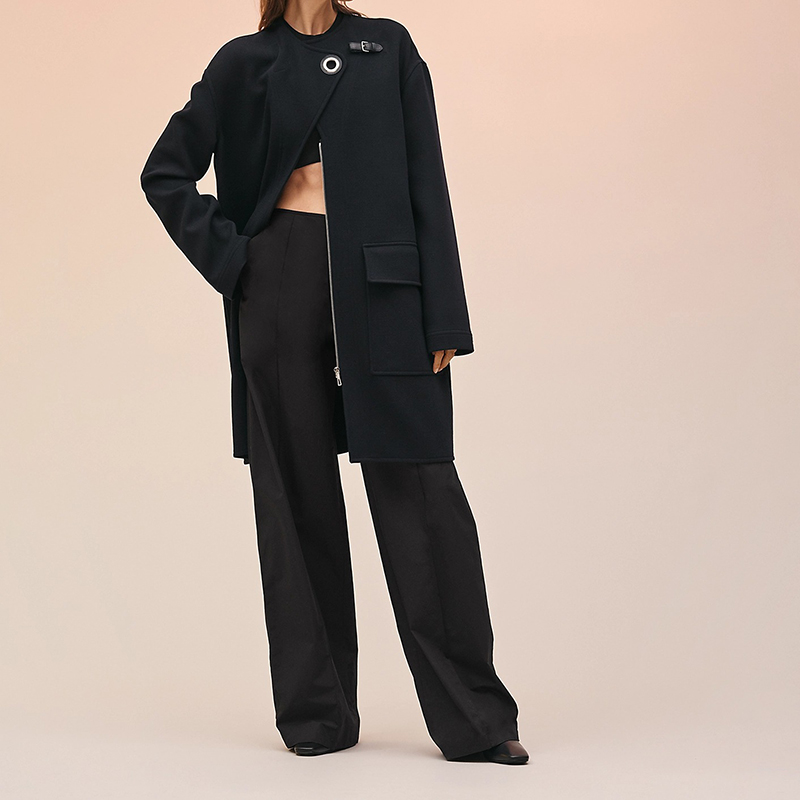 hermes/爱马仕 22年早春新款 女士深蓝色长款羊毛斜纹布大衣h2e0133d