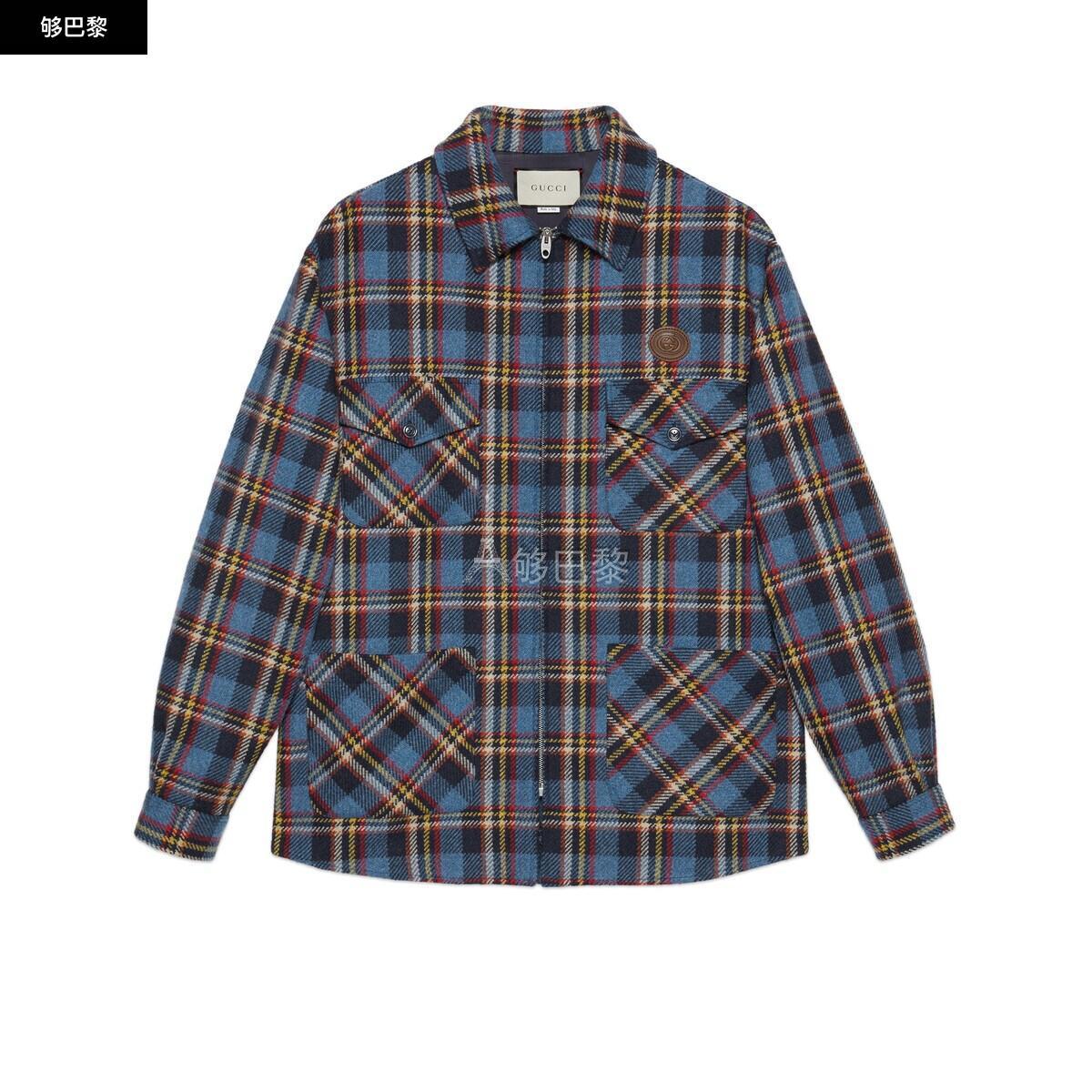 【包邮包税】 gucci古驰 22年春夏 男士 老虎贴饰格纹羊毛衬衫 648799