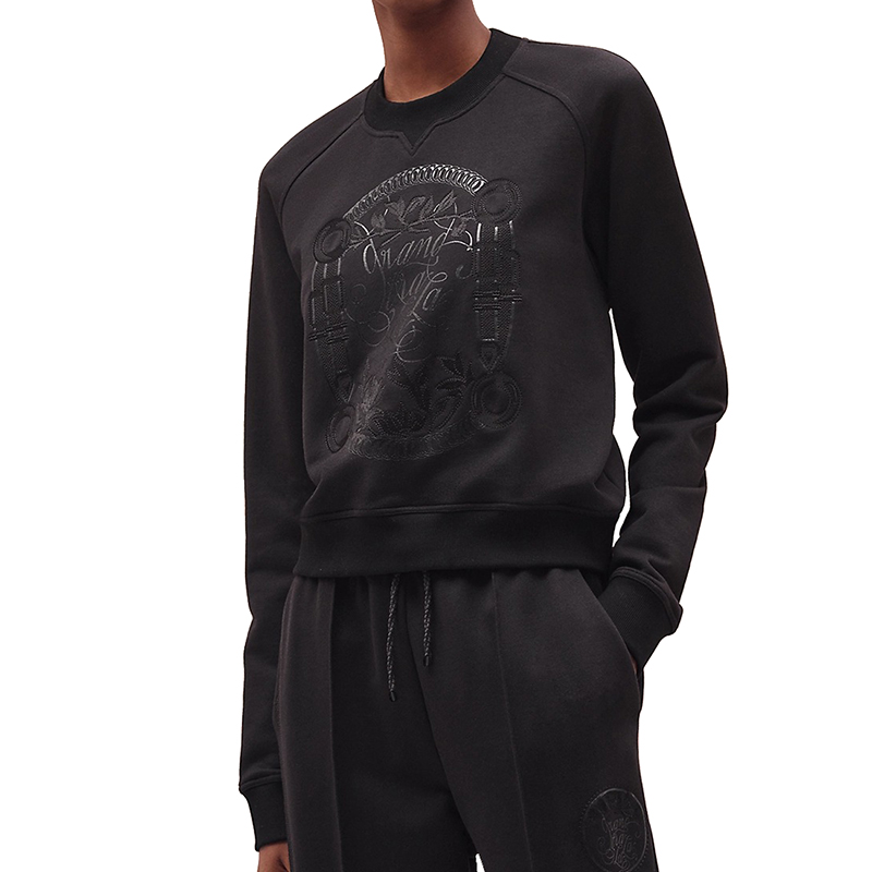 hermes/爱马仕 22年春夏新款 女士黑色纯棉刺绣抓绒运动衫卫衣h2e4609
