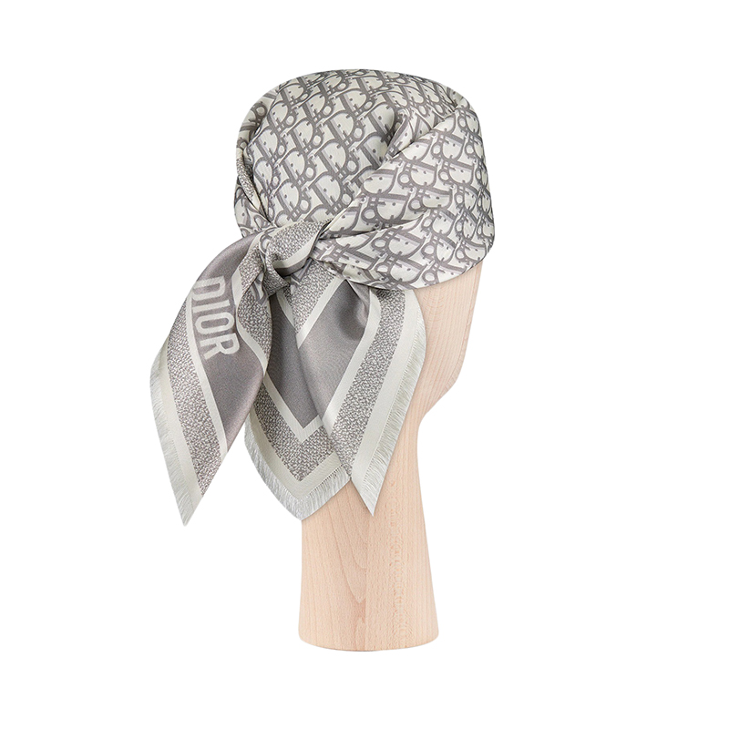 【包税】dior/迪奥 22年春夏新款 女士灰色真丝双面老花印花方巾丝巾