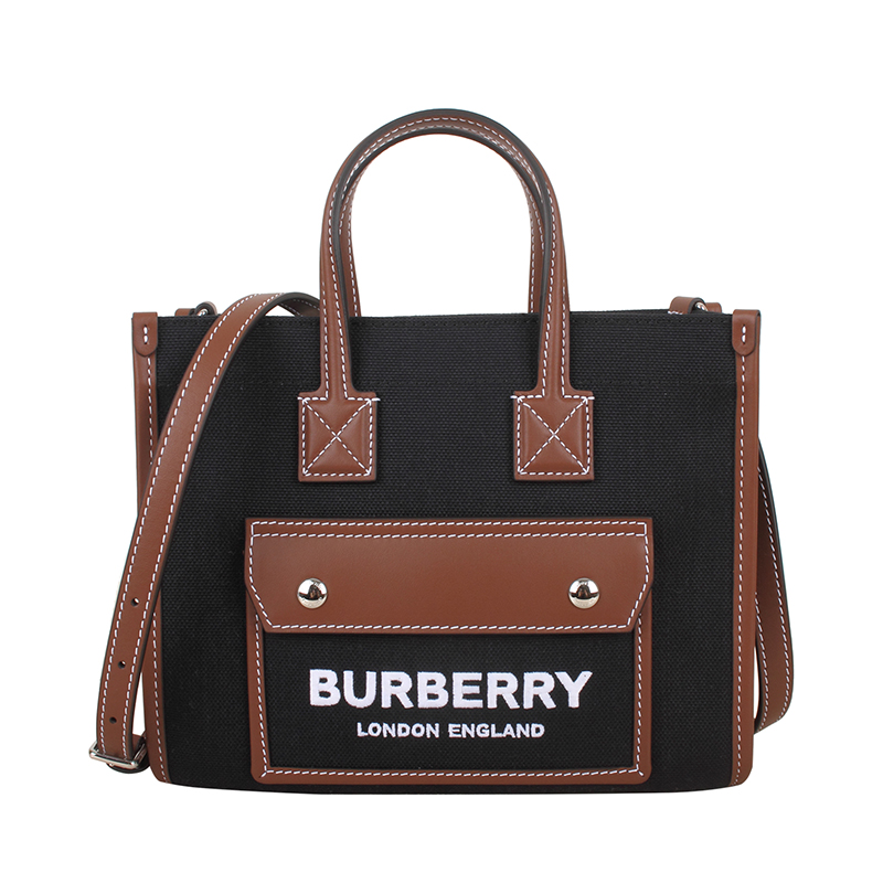 【BURBERRY博柏利 斜挎包】BURBERRY 博柏利 巴宝莉女包 Freya迷你双色帆布拼皮革芙蕾雅托特包mini黑色棕褐色 ...