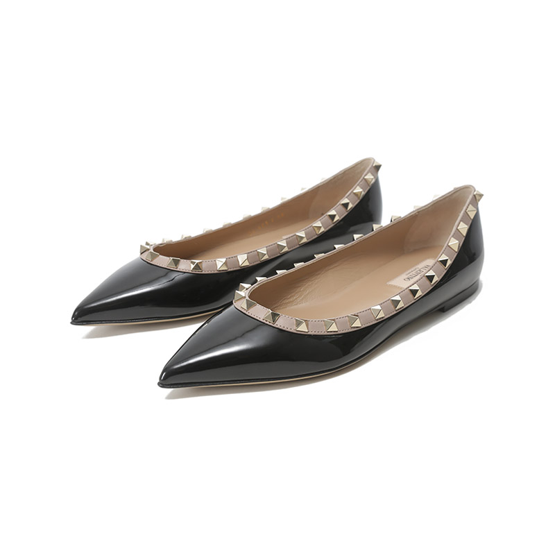 【Valentino华伦天奴 平跟鞋】Valentino/华伦天奴 女士漆皮ROCKSTUD铆钉装饰尖头浅口芭蕾平底鞋单鞋 4W2S0403 ...