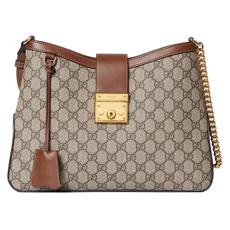 【包税】GUCCI/古驰 PADLOCK系列女士中号米色帆布棕边锁扣单肩包795113KHNKG8534