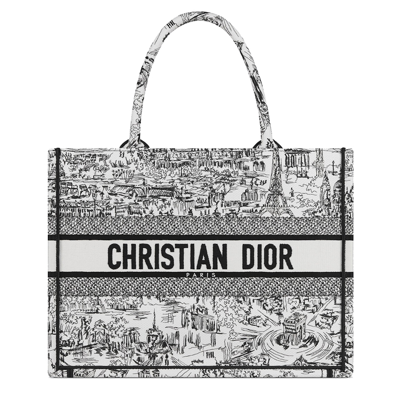 【包税】DIOR/迪奥24新款 女士中号黑白混色巴黎刺绣面料标志手提包M1296ZEGI_M933