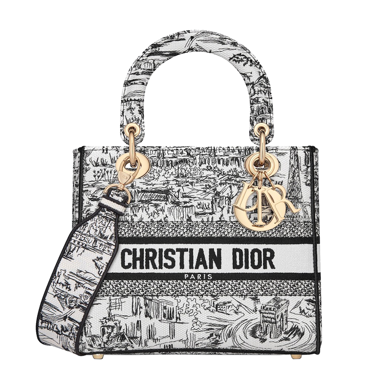 【包税】DIOR/迪奥24新款 女士中号黑白混色刺绣面料手提包M0565OEGI_M933