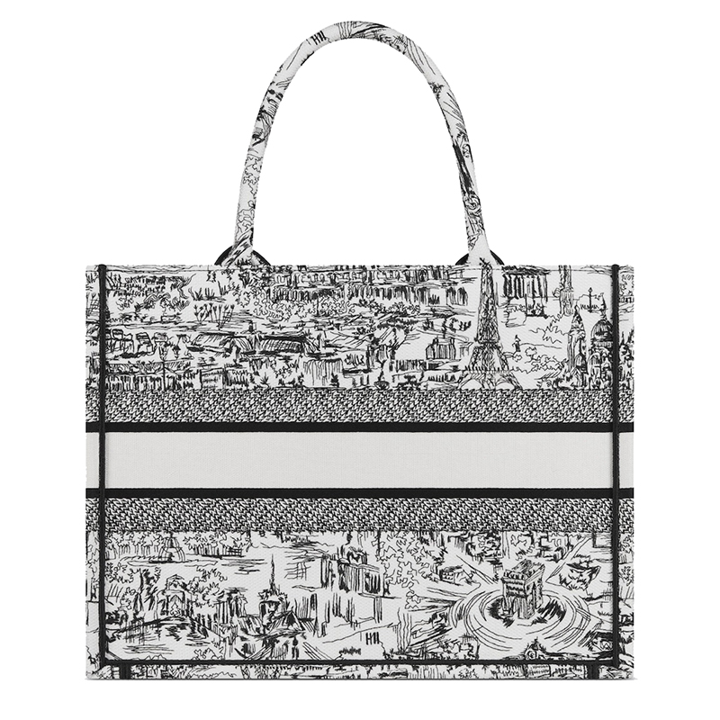 【包税】DIOR/迪奥24新款 女士中号黑白混色巴黎刺绣面料标志手提包M1296ZEGI_M933