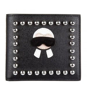 fendi/芬迪 黑色老佛爷铆钉装饰小牛皮短款折叠中性款式钱包 7m016952