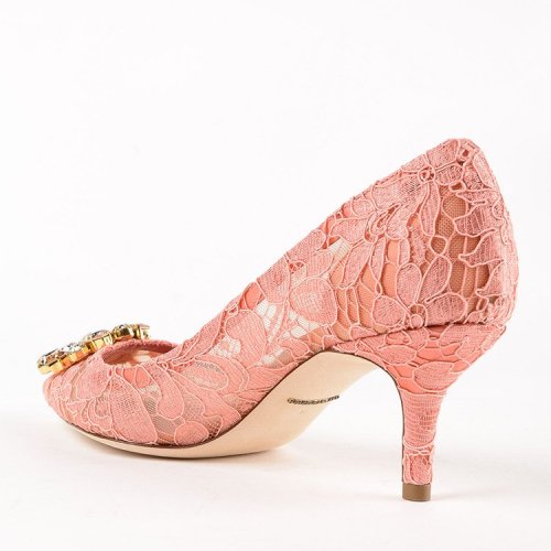 【18秋冬】 dolce&gabbana/杜嘉班纳 水钻 蕾丝 象牙/粉色 中跟鞋