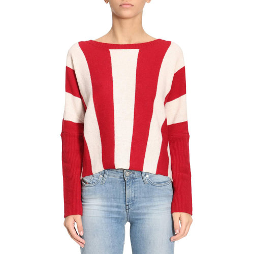 twin-set/twin-set 女士针织衫/毛衣 100%羊毛 一字肩 撞色条纹 红白