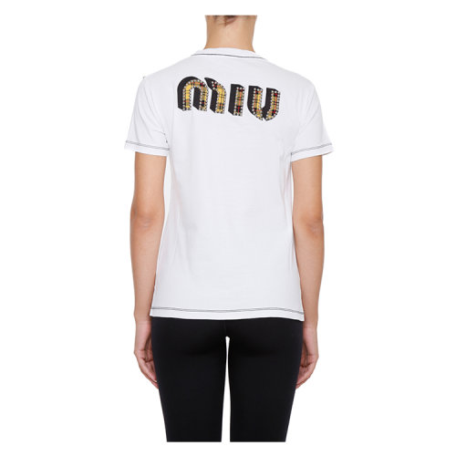【17秋冬】 miumiu/缪缪 女士短袖t恤 100% 棉 logo装饰 圆领 白色