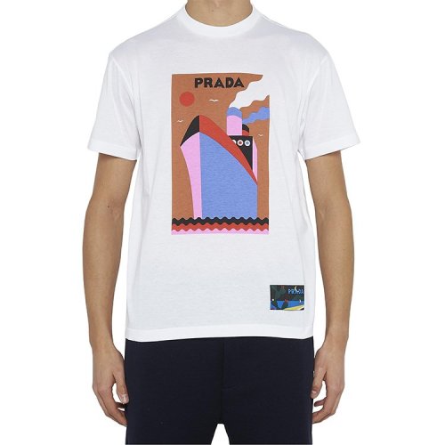 【18春夏】 prada/普拉达 男士短袖t恤 圆领 印花 白色 3601