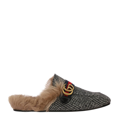 【18春夏】 gucci/古驰 皮革 织物 毛毛设计 logo 黑色 男士棉拖鞋