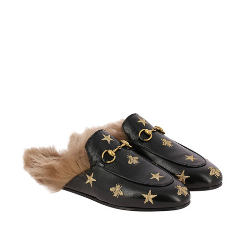 【18春夏】 gucci/古驰 皮革 星星 毛毛 黑色 女士棉拖鞋 3187