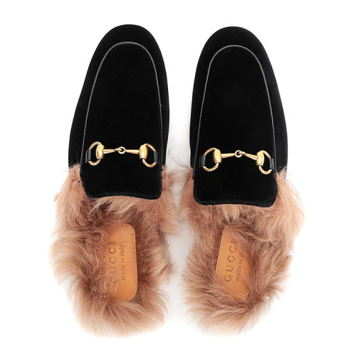 【17秋冬】 gucci/古驰 皮革 毛毛设计 黑色 女士棉拖鞋 al