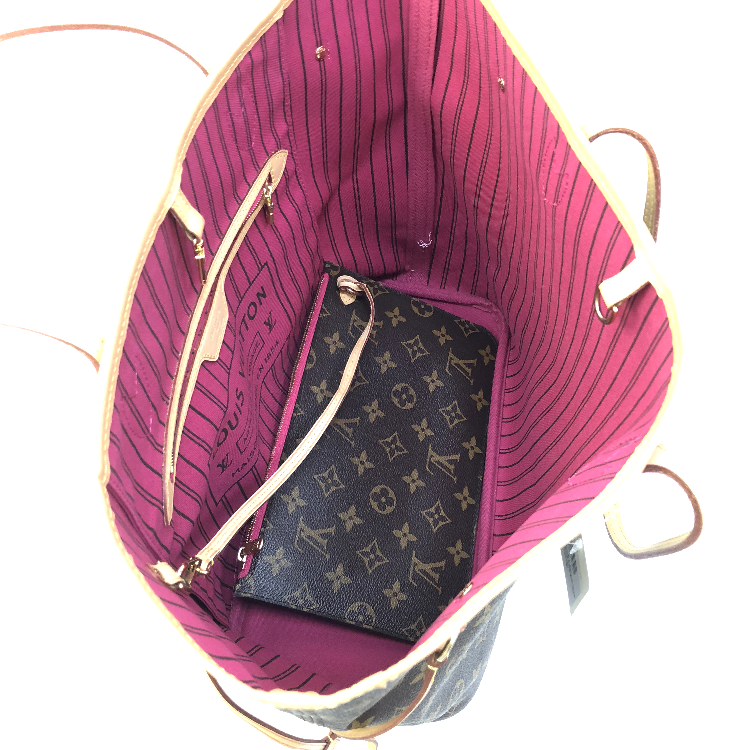 louis vuitton(路易威登) neverfull 老花色单肩包内拼牡丹粉帆布