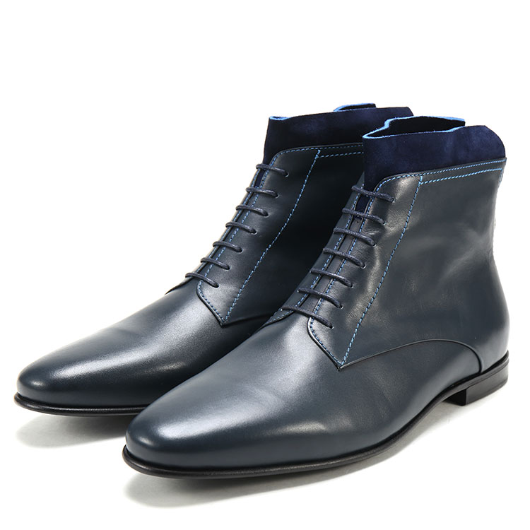 paul&joe男士海军蓝色牛皮拼接高帮休闲皮鞋