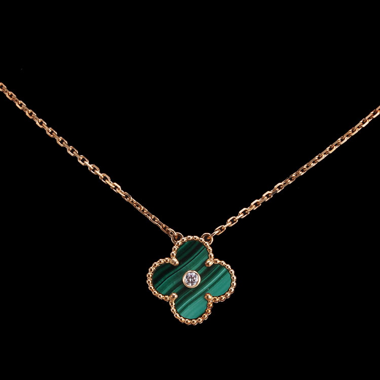 & arpels(梵克雅宝) vintage alhambra系列18k黄金孔雀石单钻项链