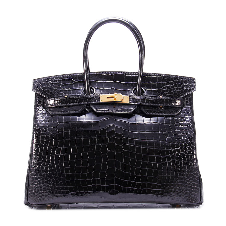 手提包】hermes(愛馬仕) 黑色倒v鱷魚皮金扣手提包birkin35【正品