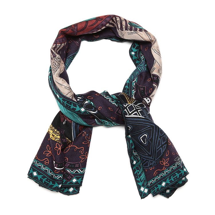 hermes(爱马仕) 藏蓝/绿色印花图案羊绒围巾