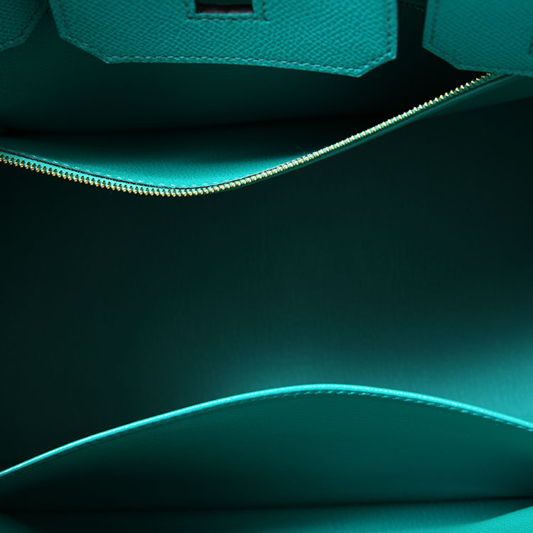 hermes(爱马仕) 7f孔雀蓝色皮质金扣手提包birkin30