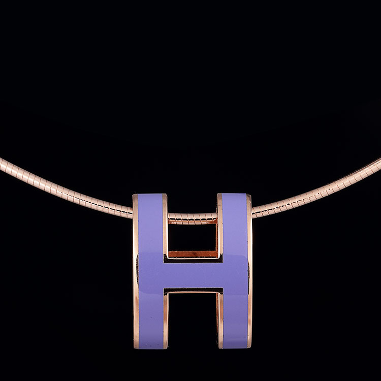hermes爱马仕浅紫色珐琅玫瑰金色链条椭圆形h扣吊坠项链