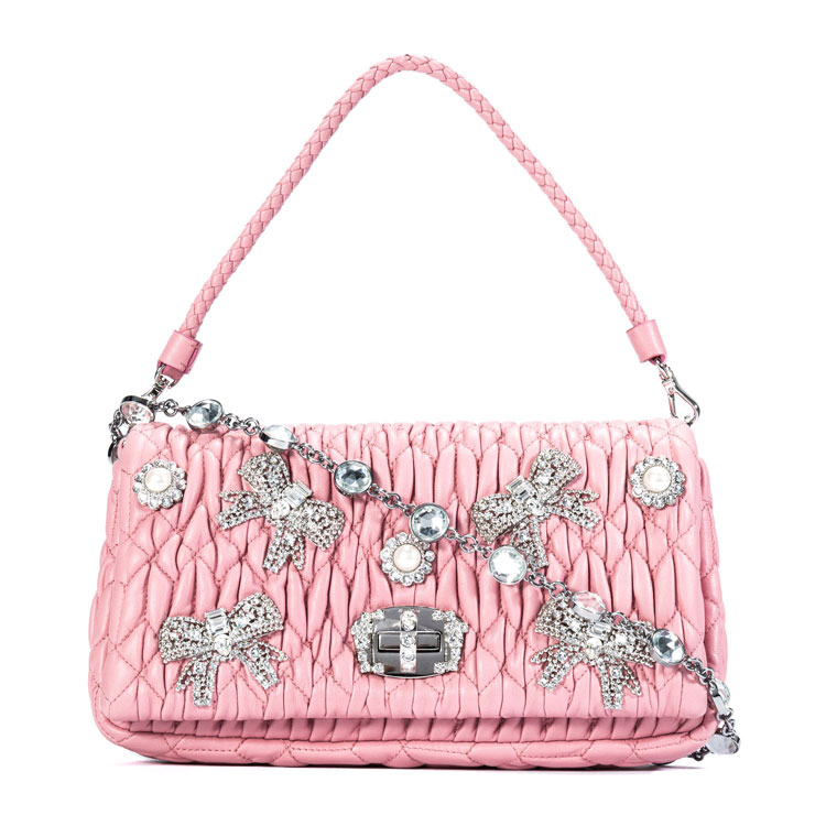 miumiu(缪缪) #浅粉色褶皱皮质水钻装饰限量款女士单肩两用包