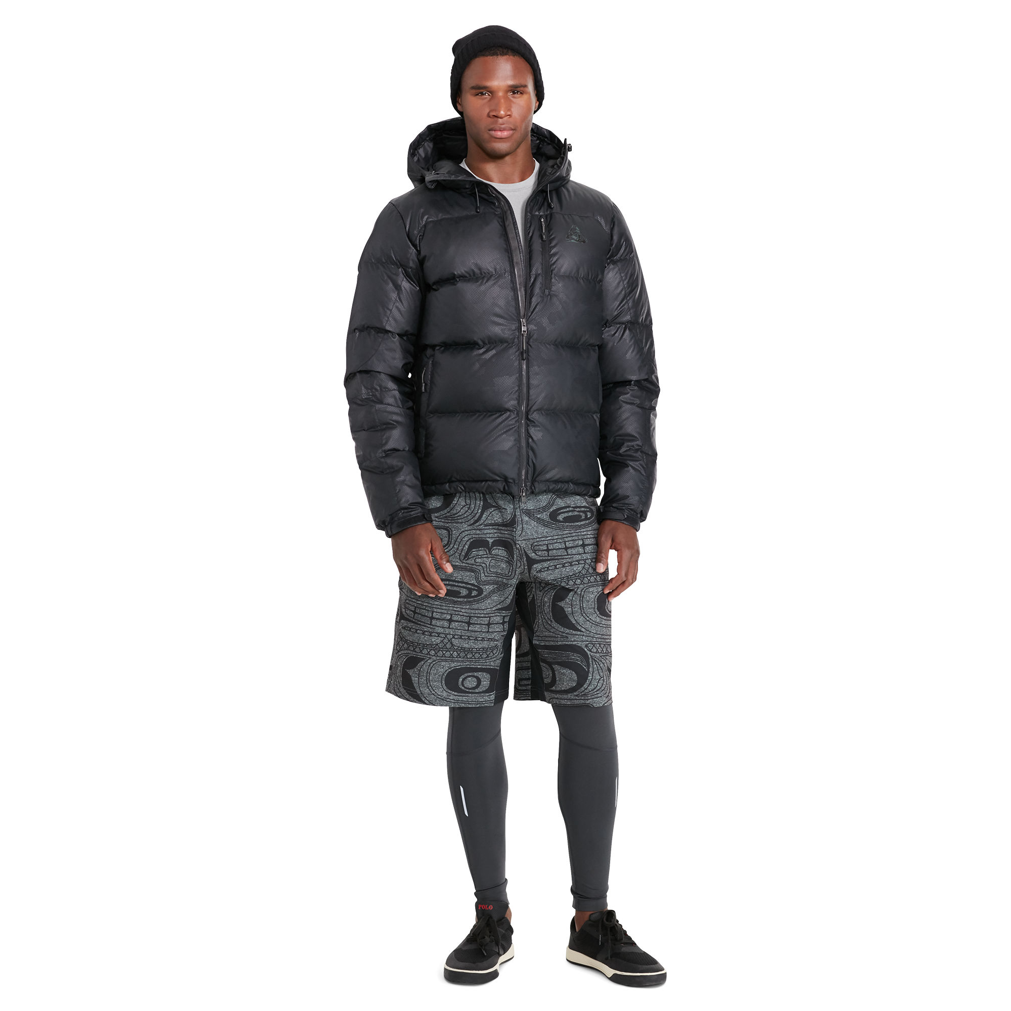 ralph lauren/拉夫劳伦 男士防水650fil黑色迷彩暗纹连帽羽绒服