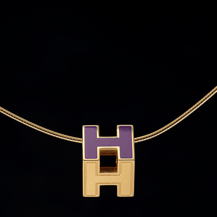 hermes(爱马仕) 紫色珐琅方形h扣金色链条项链
