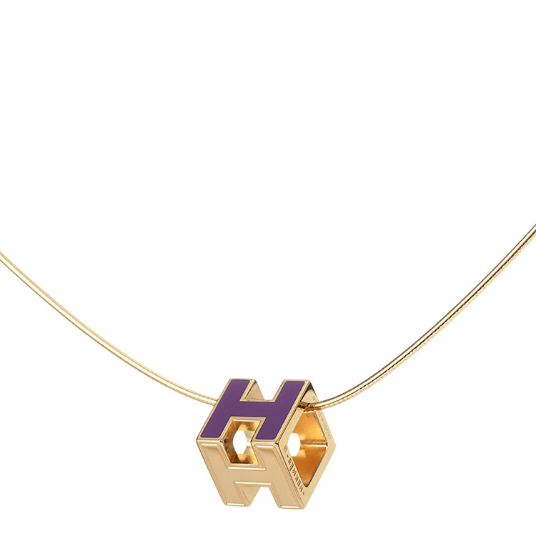hermes(爱马仕) 紫色珐琅方形h扣金色链条项链